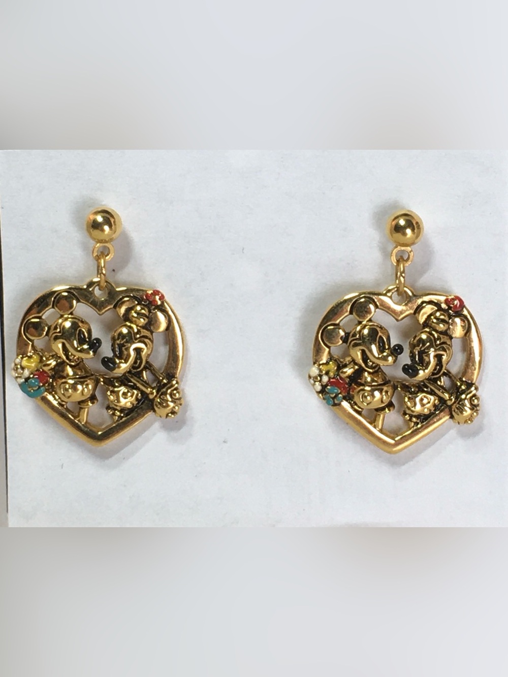 Disney Mickey Mouse & Minnie Mouse Gold -tone Heart Drop Earrings